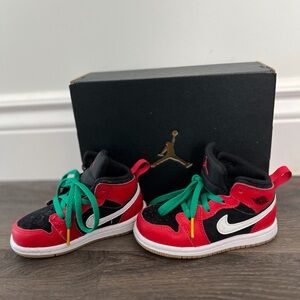 Nike Jordan Kids Red and Black Sneakers with Green Laces